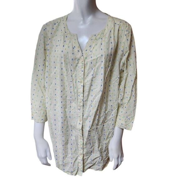 Denim & Company Yellow Polka Dot Button Down Shirt (2X) - Picture 2 of 5